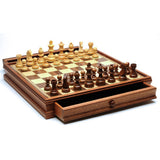 French Staunton Chess & Checkers Set - Weighted Pieces, Brown & Natural Wooden Board w/Storage Drawers