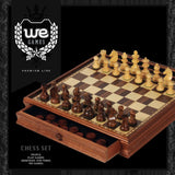 French Staunton Chess & Checkers Set - Weighted Pieces, Brown & Natural Wooden Board w/Storage Drawers